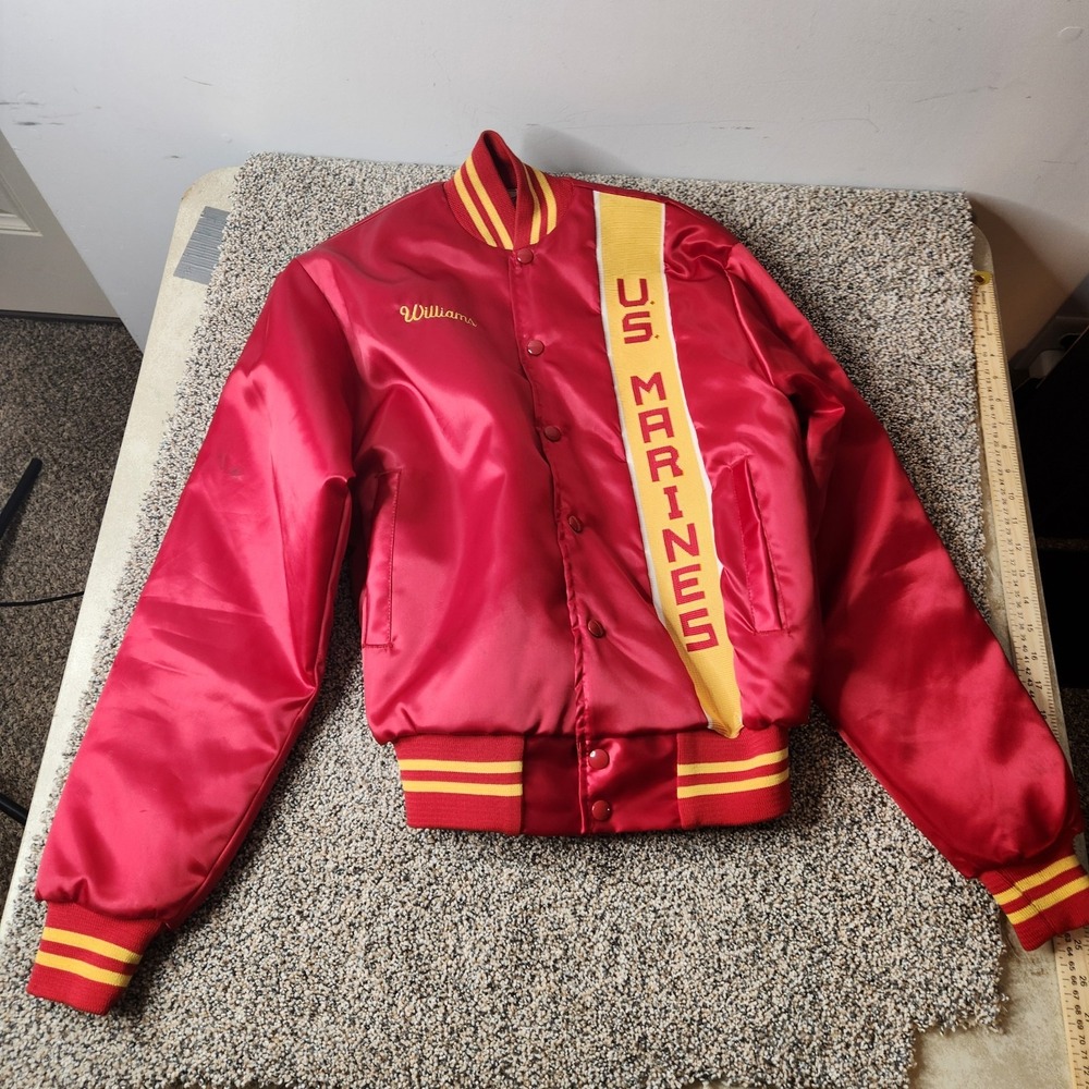 US Marines Red Satin Bomber Jacket Williams Embroidered Varsity Snap Front